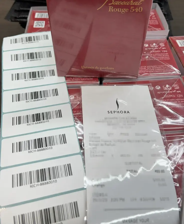 Redacted retail purchase record shown beside Baccarat Rouge 540 packaging